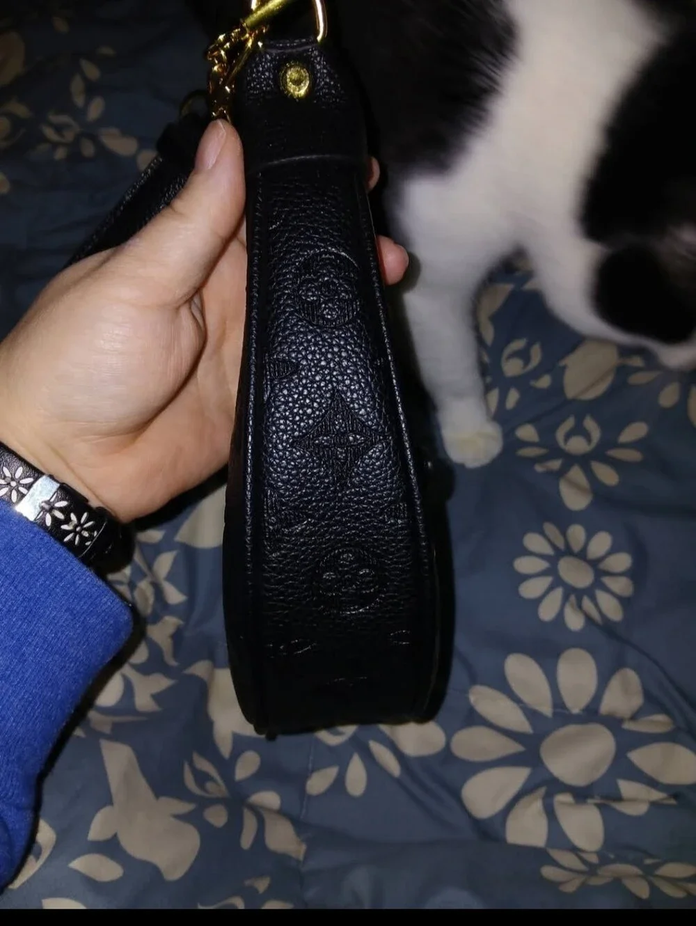 Black Leather Crescent Shoulder Bag with Gold Chain